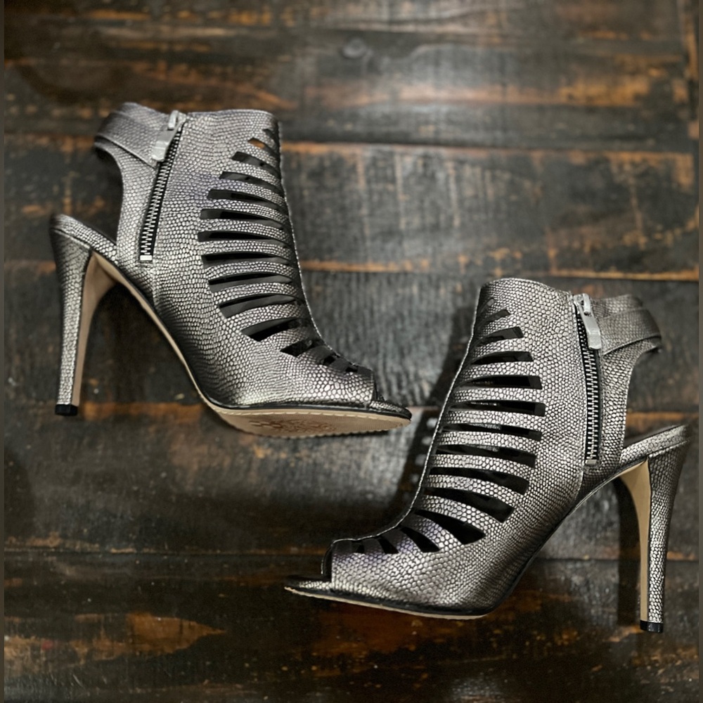Aphrodite Open Toe Pewter Heels from Vince Camuto. - Picture 3 of 4